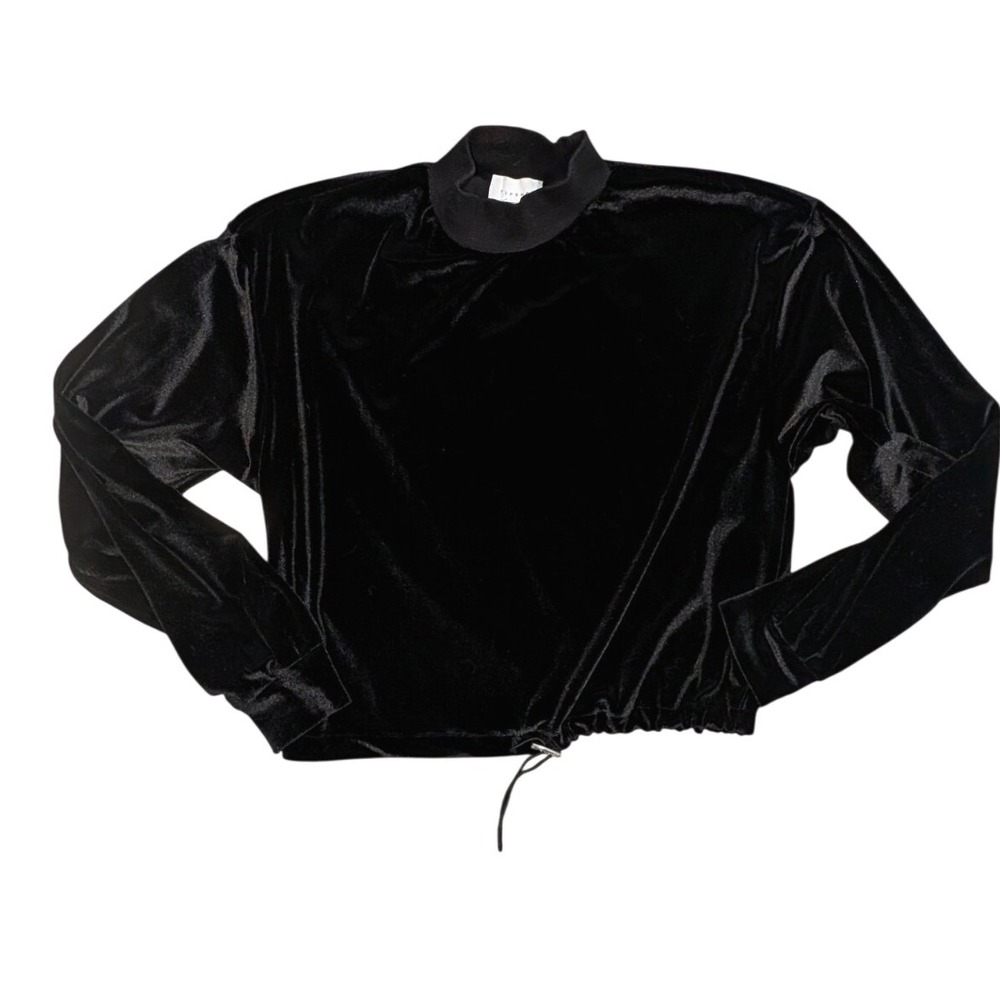 Topshop Velvet Crop Top US 4 Black Mock Neck Drawstring Long Sleeve Whimsigoth